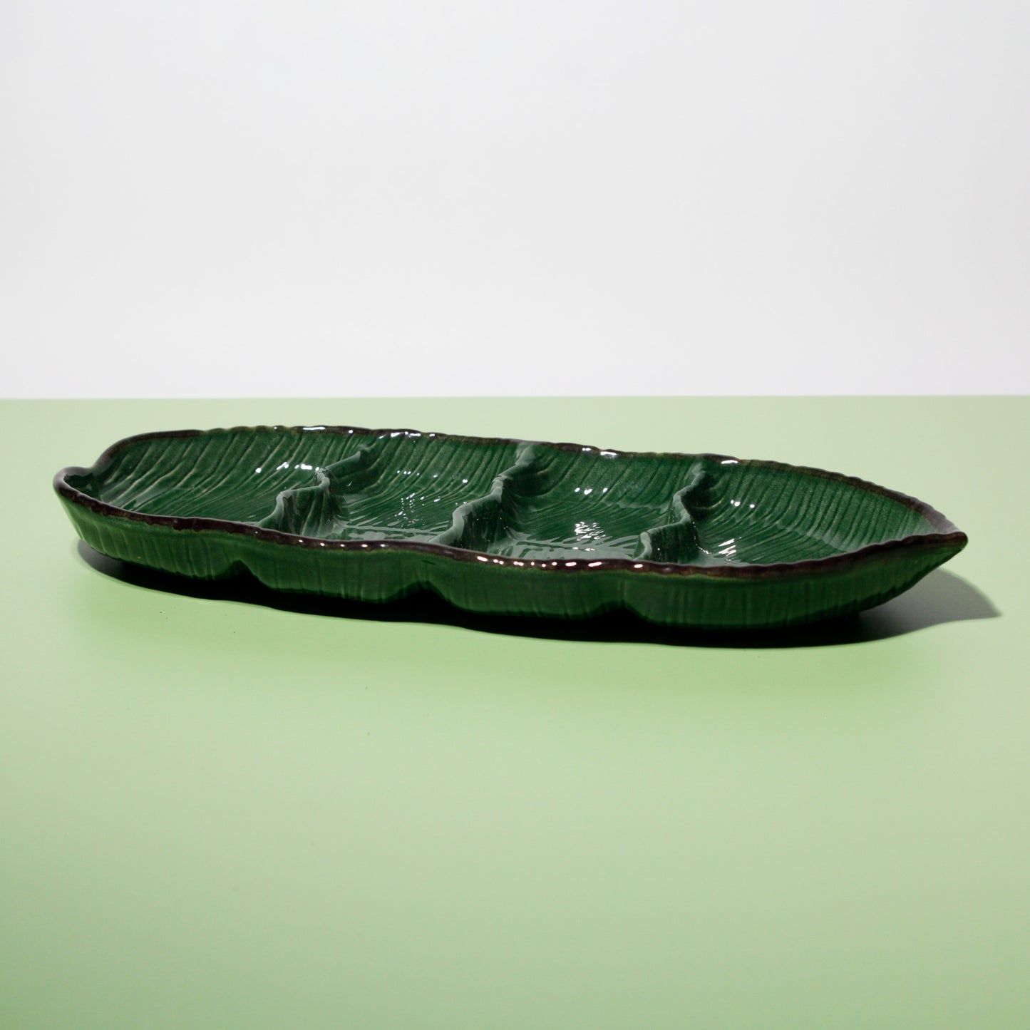 Vintage Green Ceramic Leaf Appetizer Tray, Mid-century 1950s