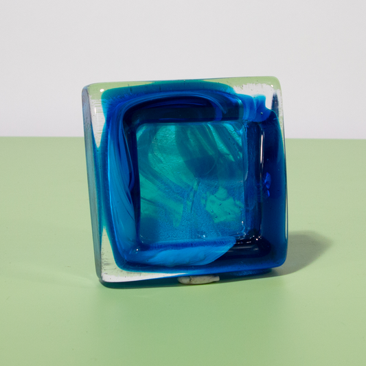 Vintage Blue Handblown Glass Ashtray, Ring Dish, Made in Malta, 1990s
