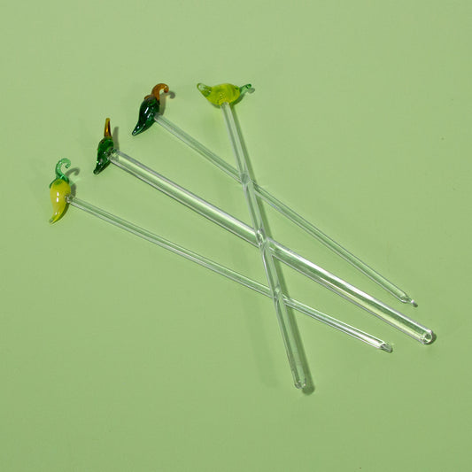Vintage Handblown Green & Yellow Pepper Glass Swizzle Sticks, Set of 4, 1970s