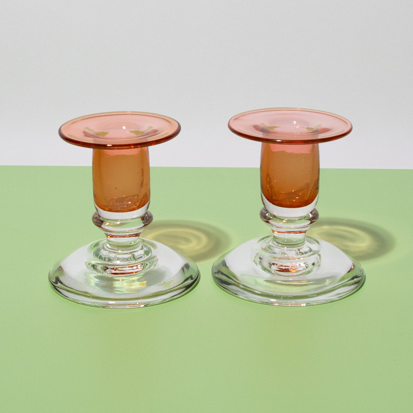 Vintage Color-blocked Glass Clear & Pink Candle Holders, Mid-century