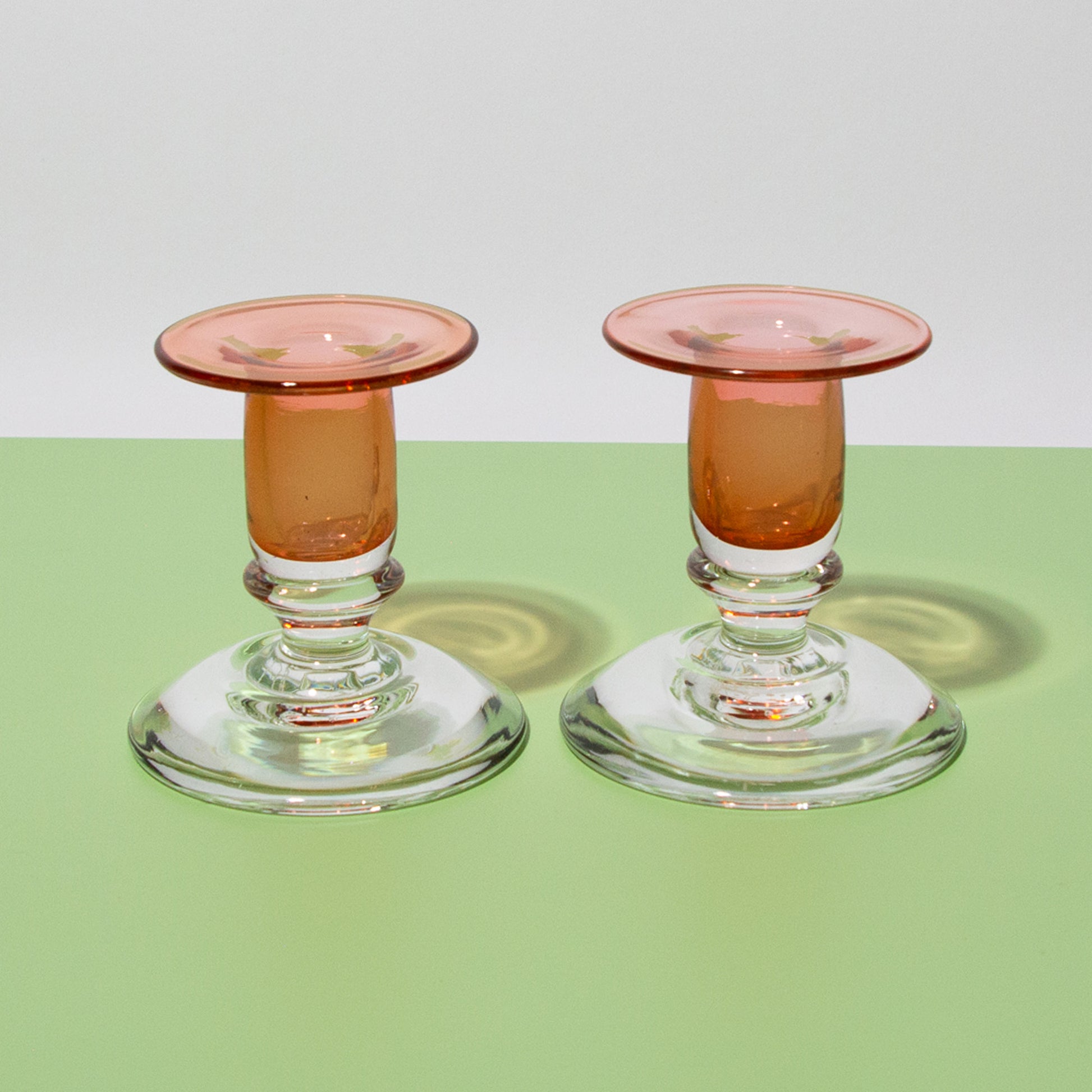 Vintage Color-blocked Glass Clear & Pink Candle Holders, Mid-century