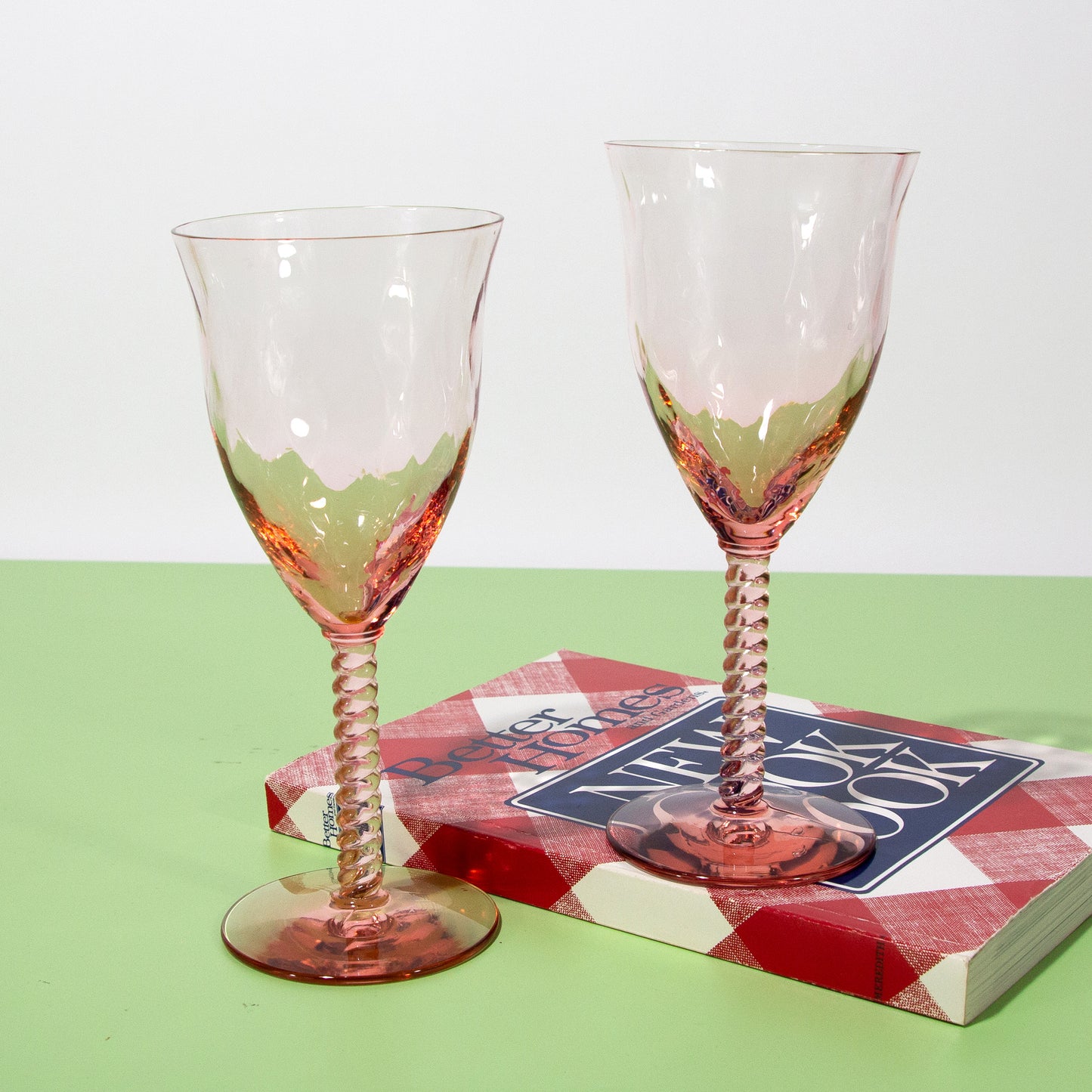 Vintage Twisted Stem Pink Wine Glasses, Mid-Century 1940s