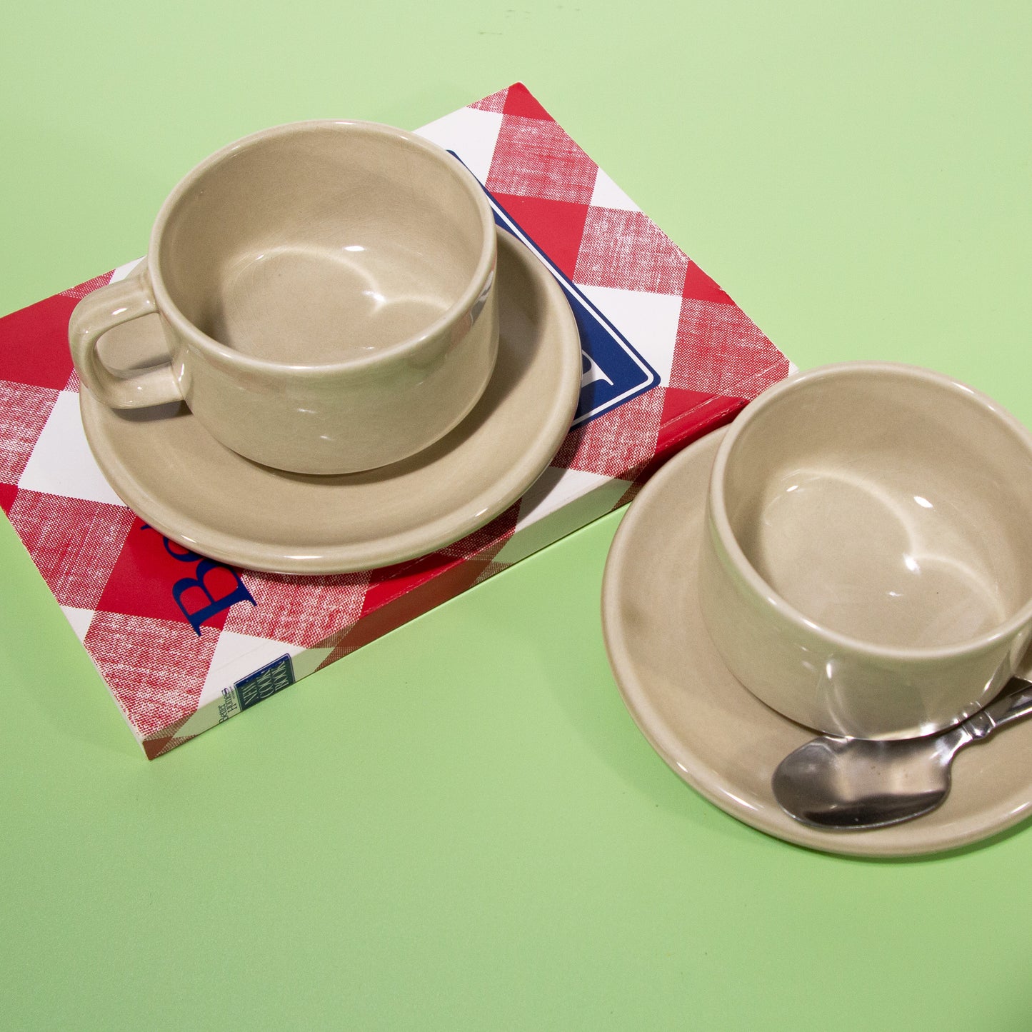 Vintage Tan Mugs with Saucers, 1970s, Made in the USA