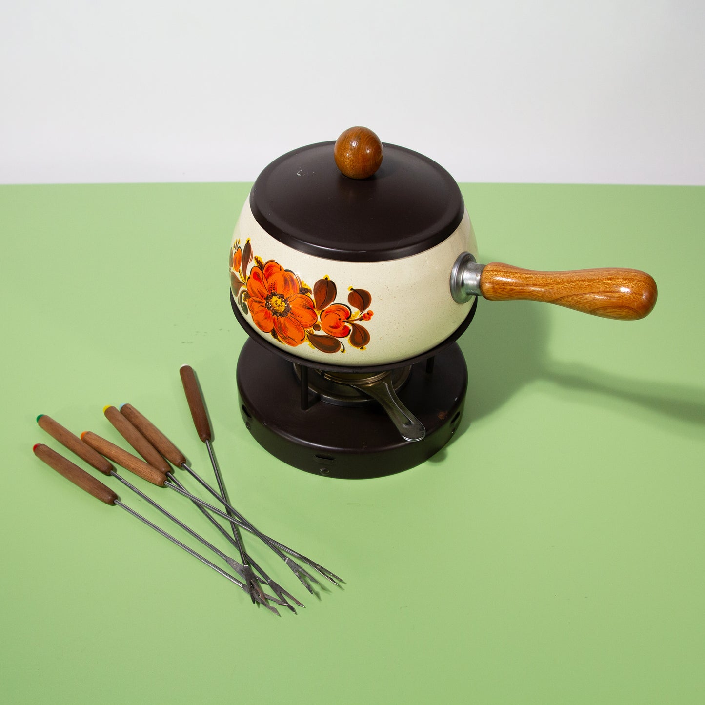 Vintage Enamel Fondue Pot Set, Mid-century 1970s