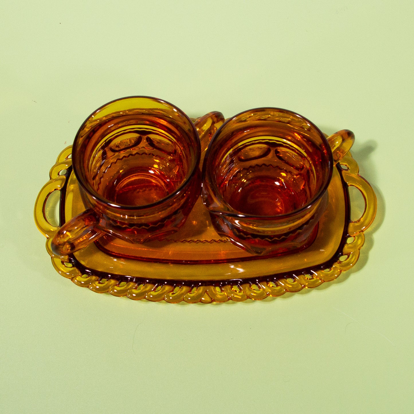Vintage Amber Glass Sugar & Creamer Set with Saucer, 1980s