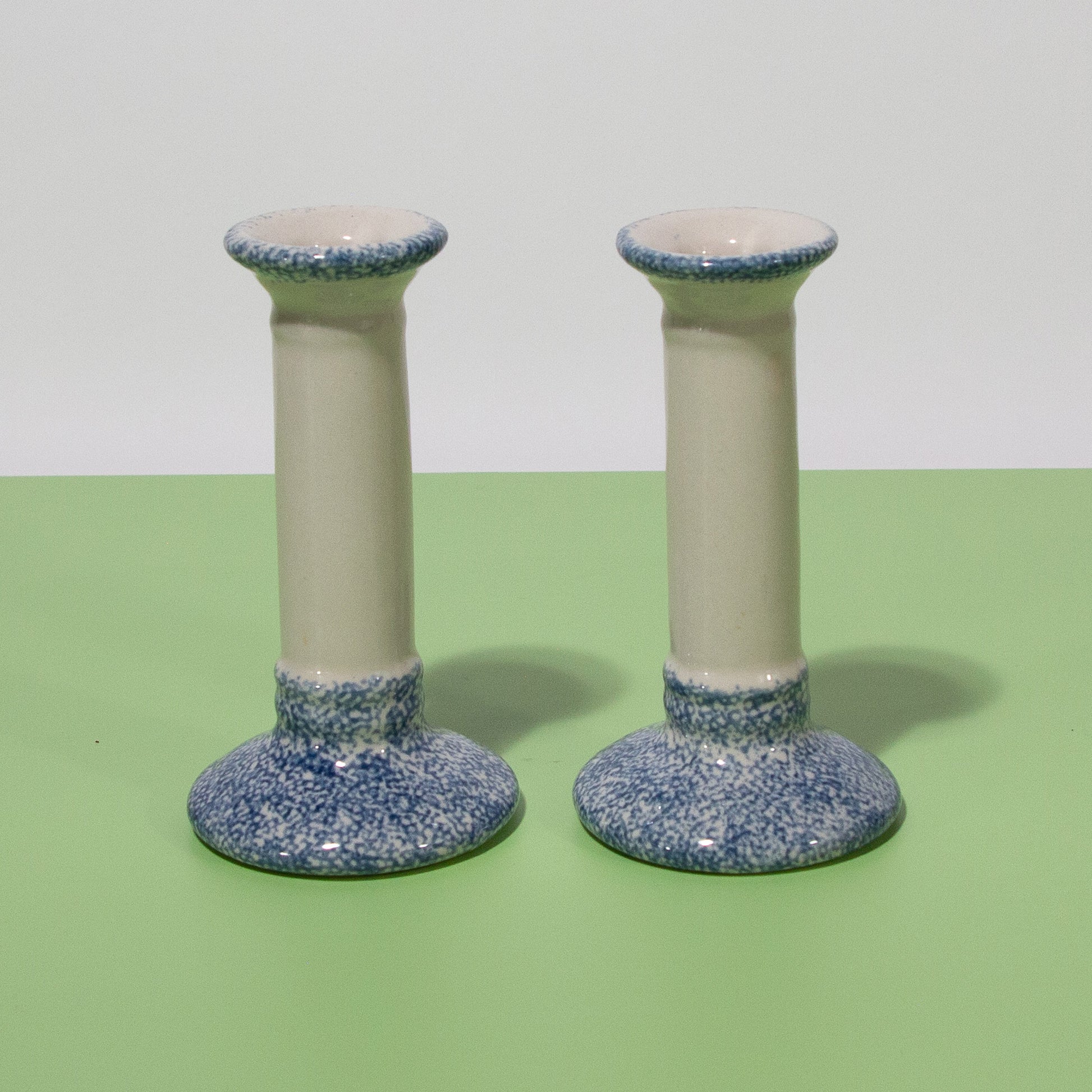 Vintage Ceramic Blue and White Speckled Candle Holders