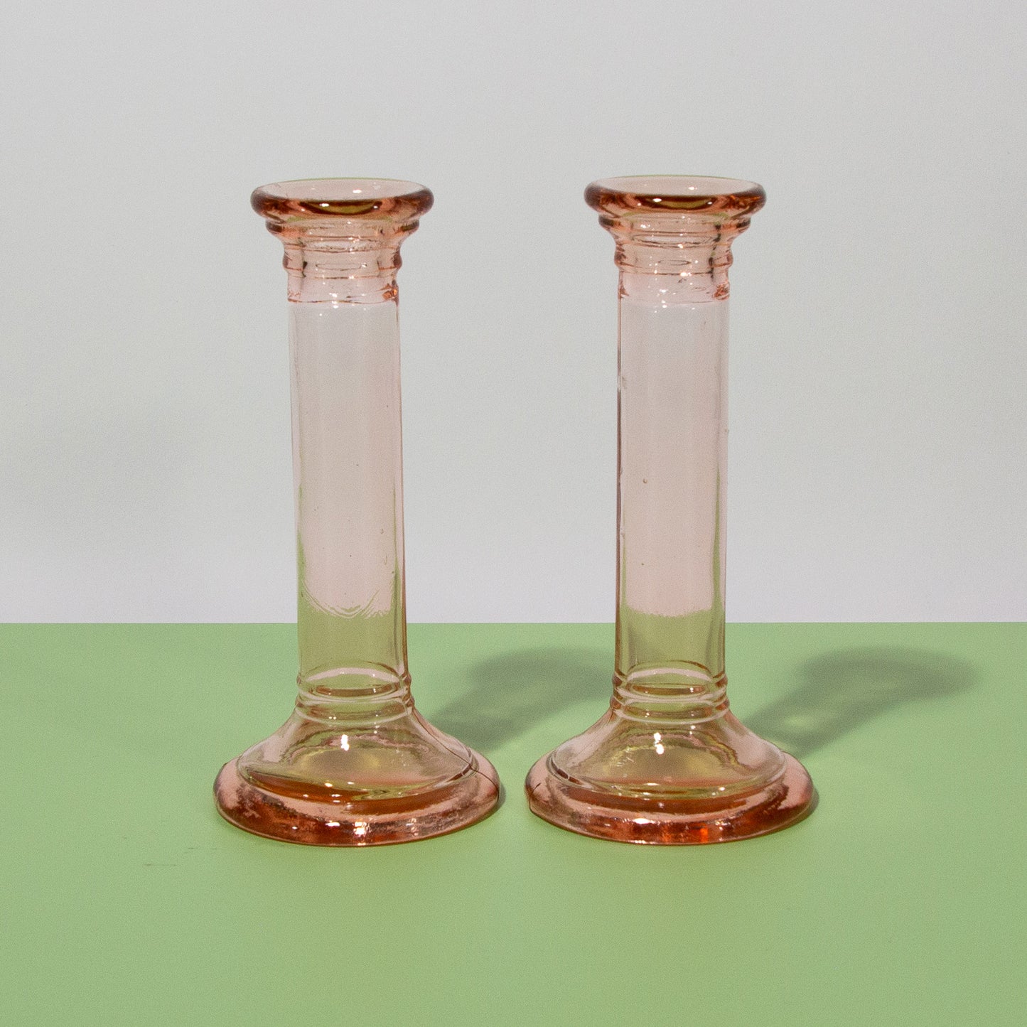 Vintage Pink Depression Glass Candle Holders, 1930s