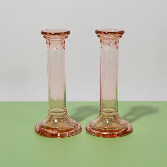 Vintage Pink Depression Glass Candle Holders, 1930s