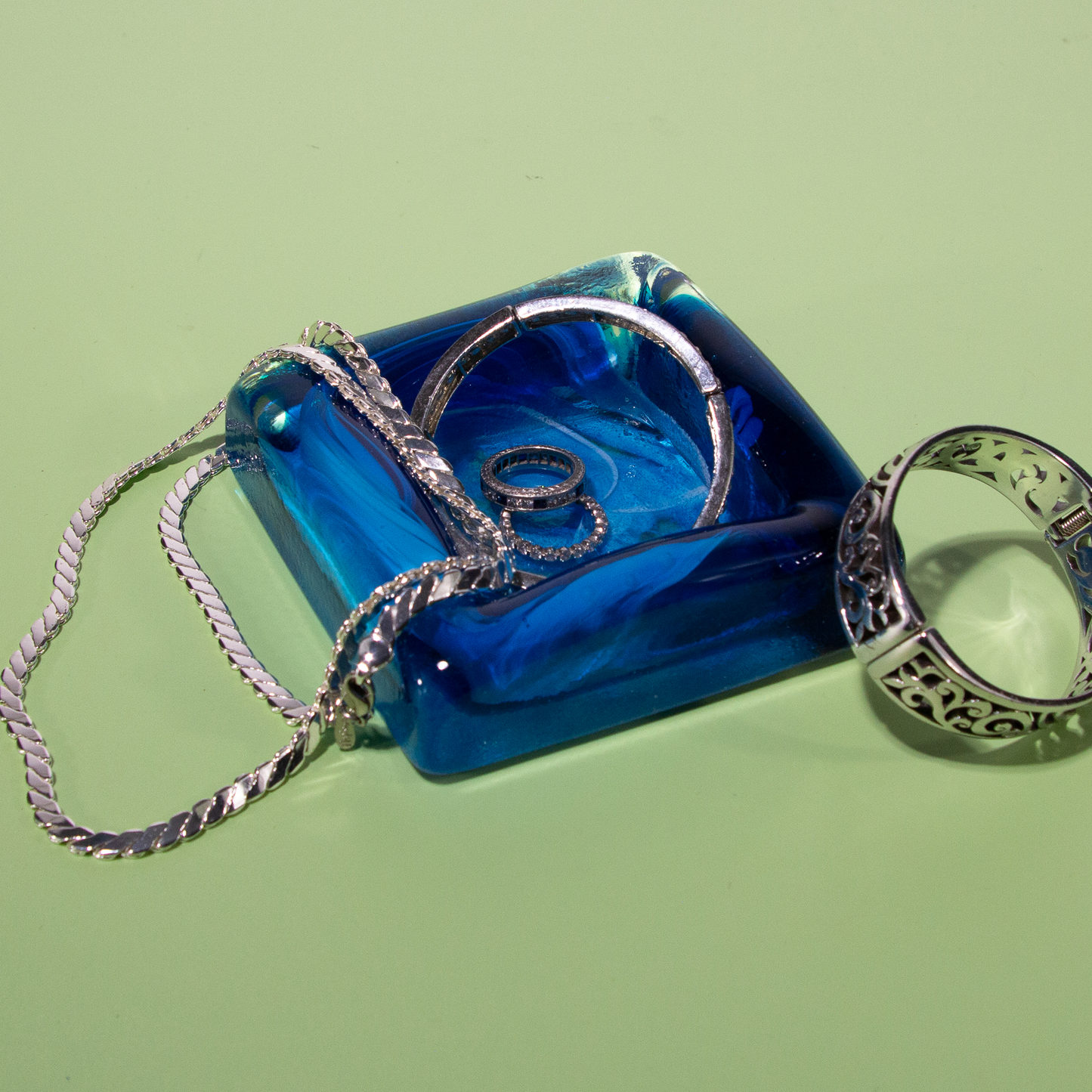 Vintage Blue Handblown Glass Ashtray, Ring Dish, Made in Malta, 1990s