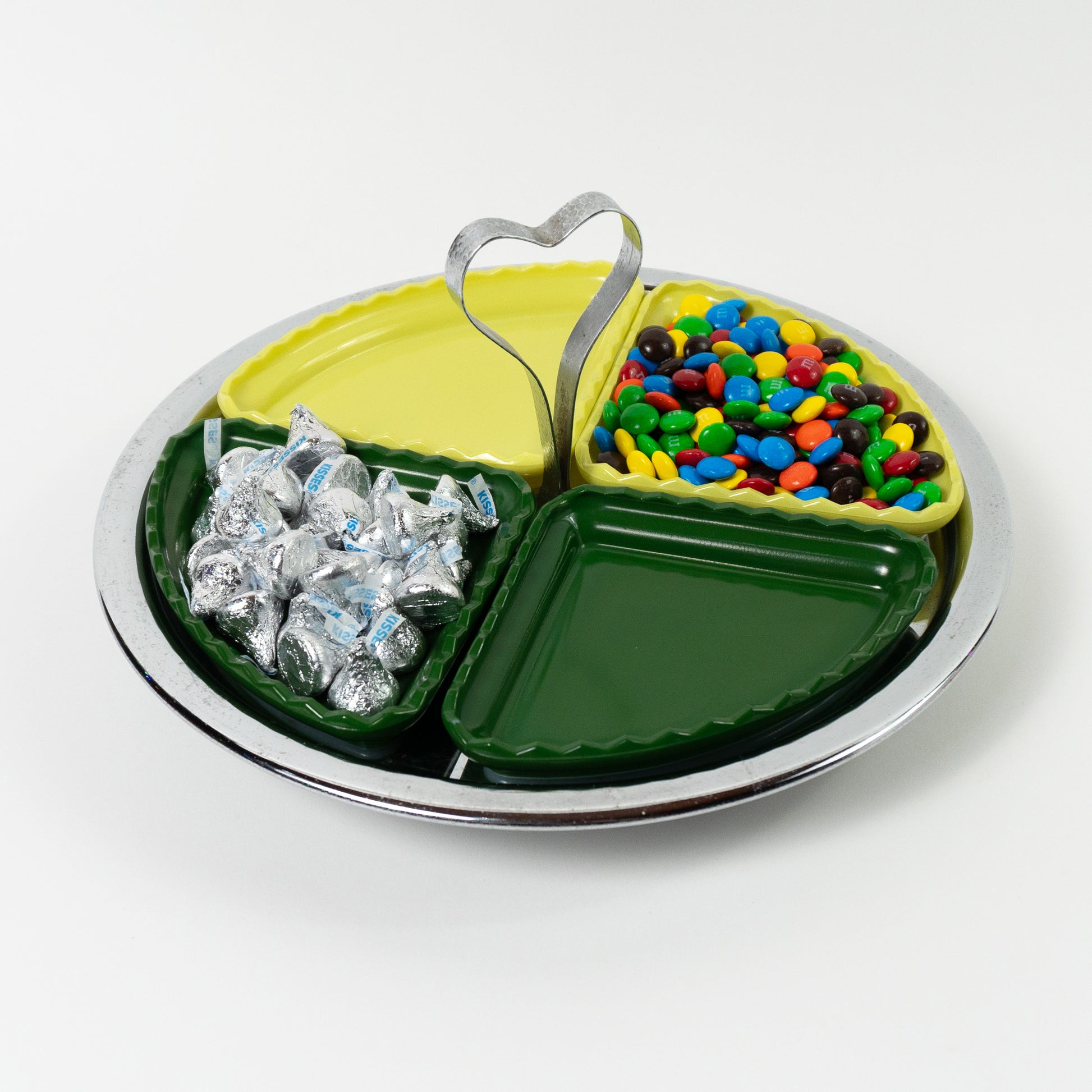 Vintage Metal Appetizer Tray with Green & Yellow Glass Inserts, 1960s