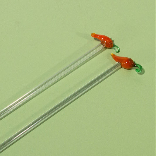 Vintage Handblown Orange Pepper Glass Swizzle Sticks, Set of 2, 1970s