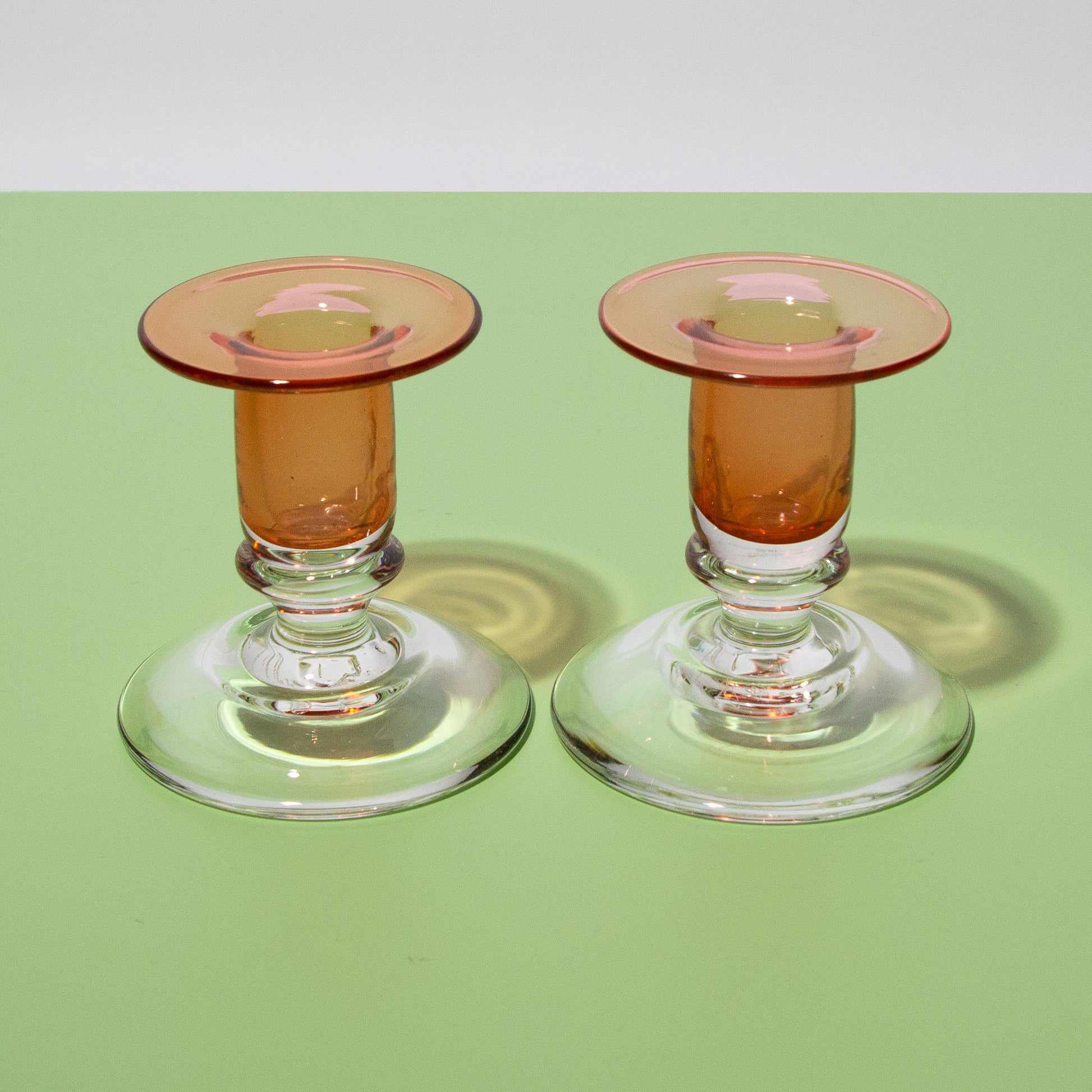 Vintage Color-blocked Glass Clear & Pink Candle Holders, Mid-century