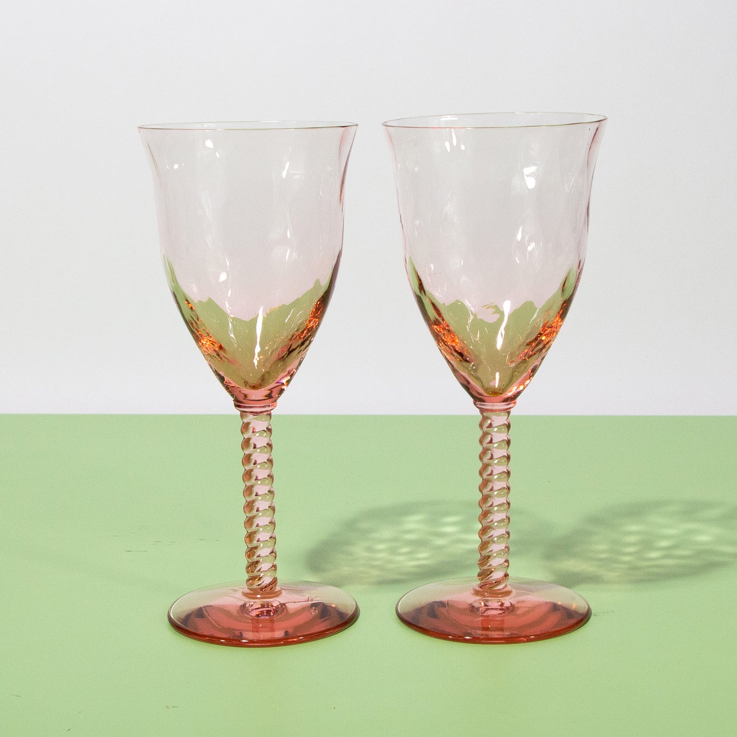 Vintage Twisted Stem Pink Wine Glasses, Mid-Century 1940s