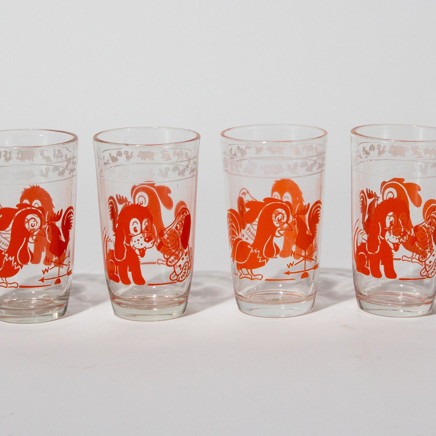 Vintage Puppy Dog & Rooster Small Drinking Glasses, Mid-century, 1950s