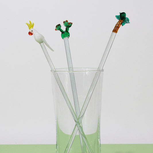 Vintage Glass Swizzle Stick Set (Palm Tree, Cactus, White Cockatoo), 1970s