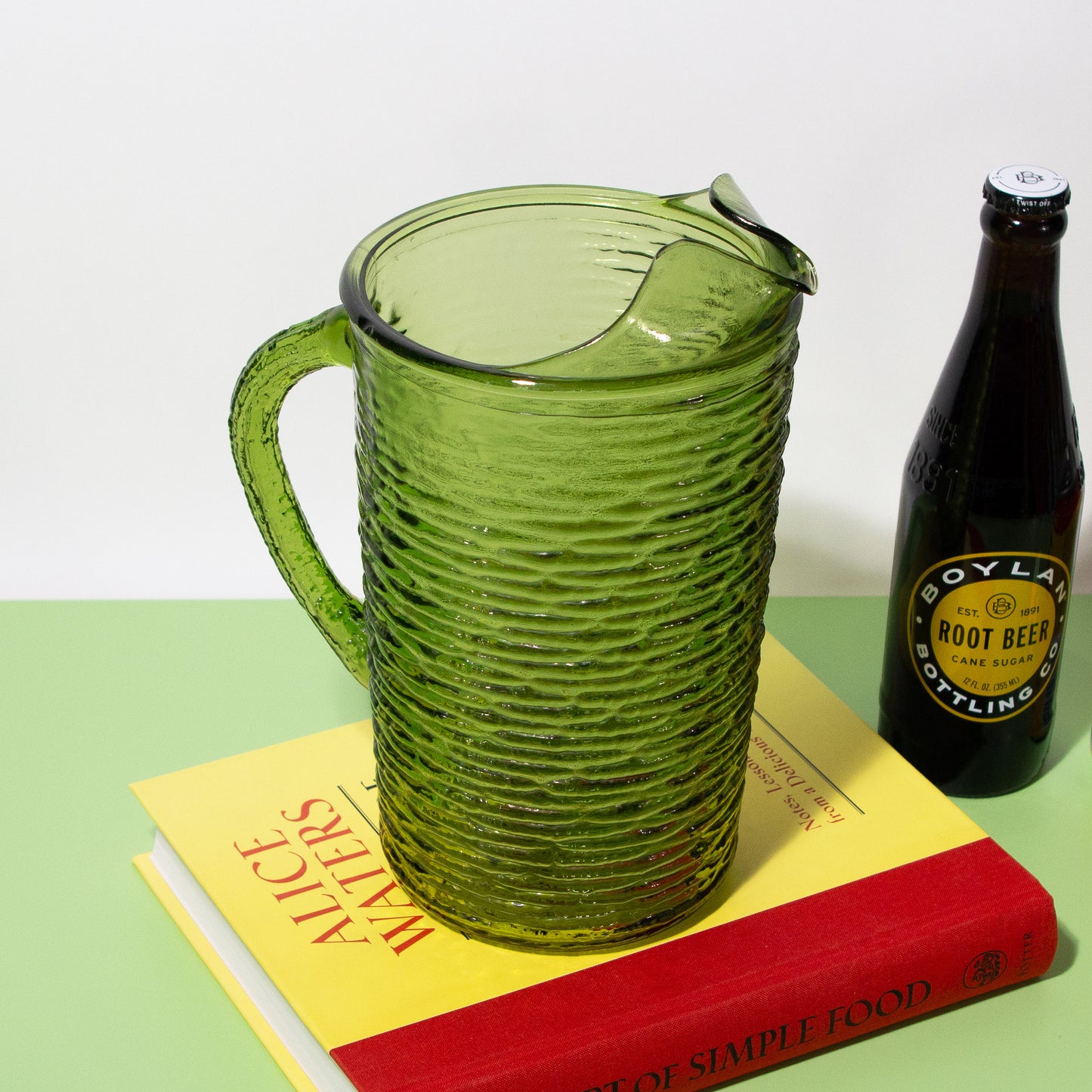 Vintage Olive Green Glass Ripple Pitcher, 1960s