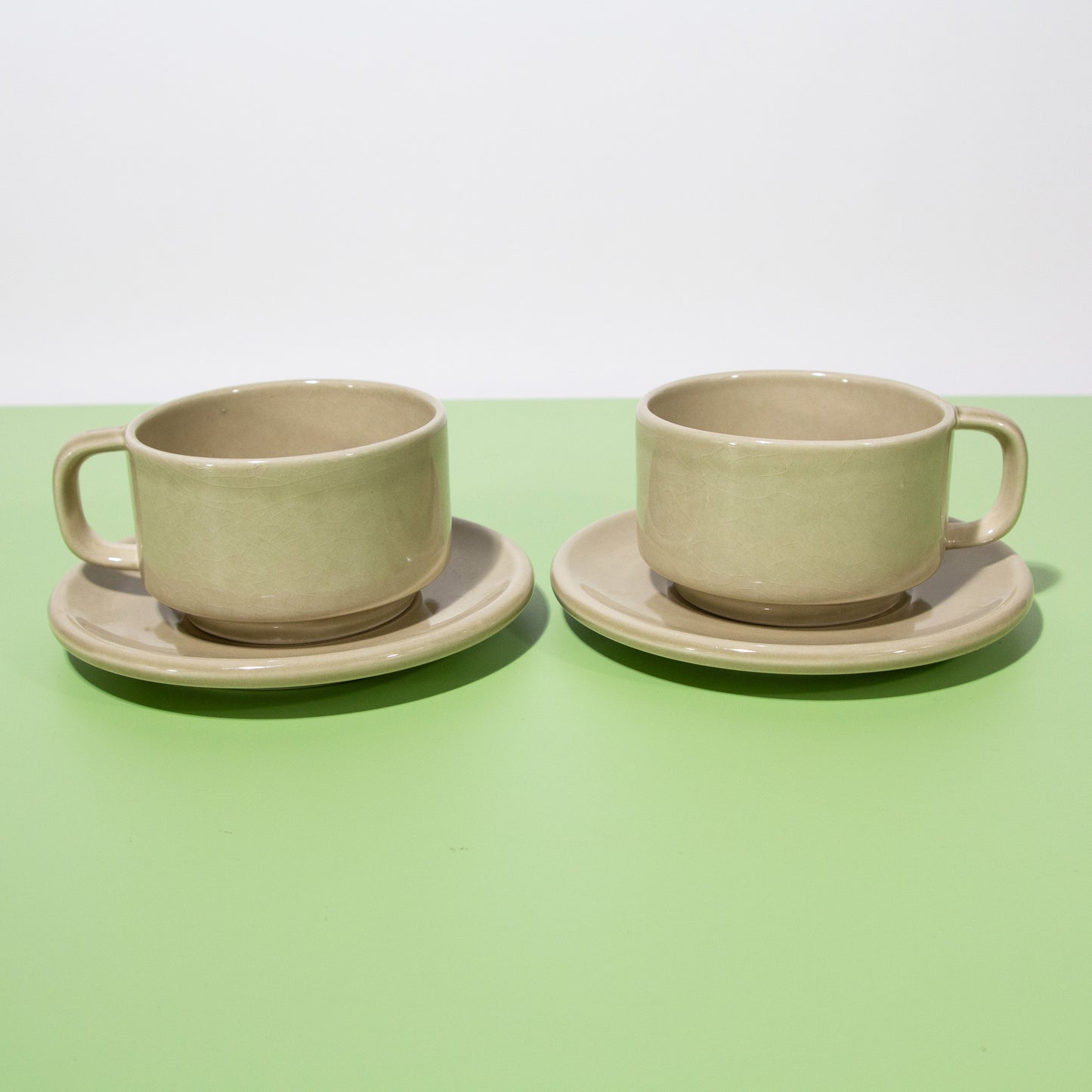 Vintage Tan Mugs with Saucers, 1970s, Made in the USA