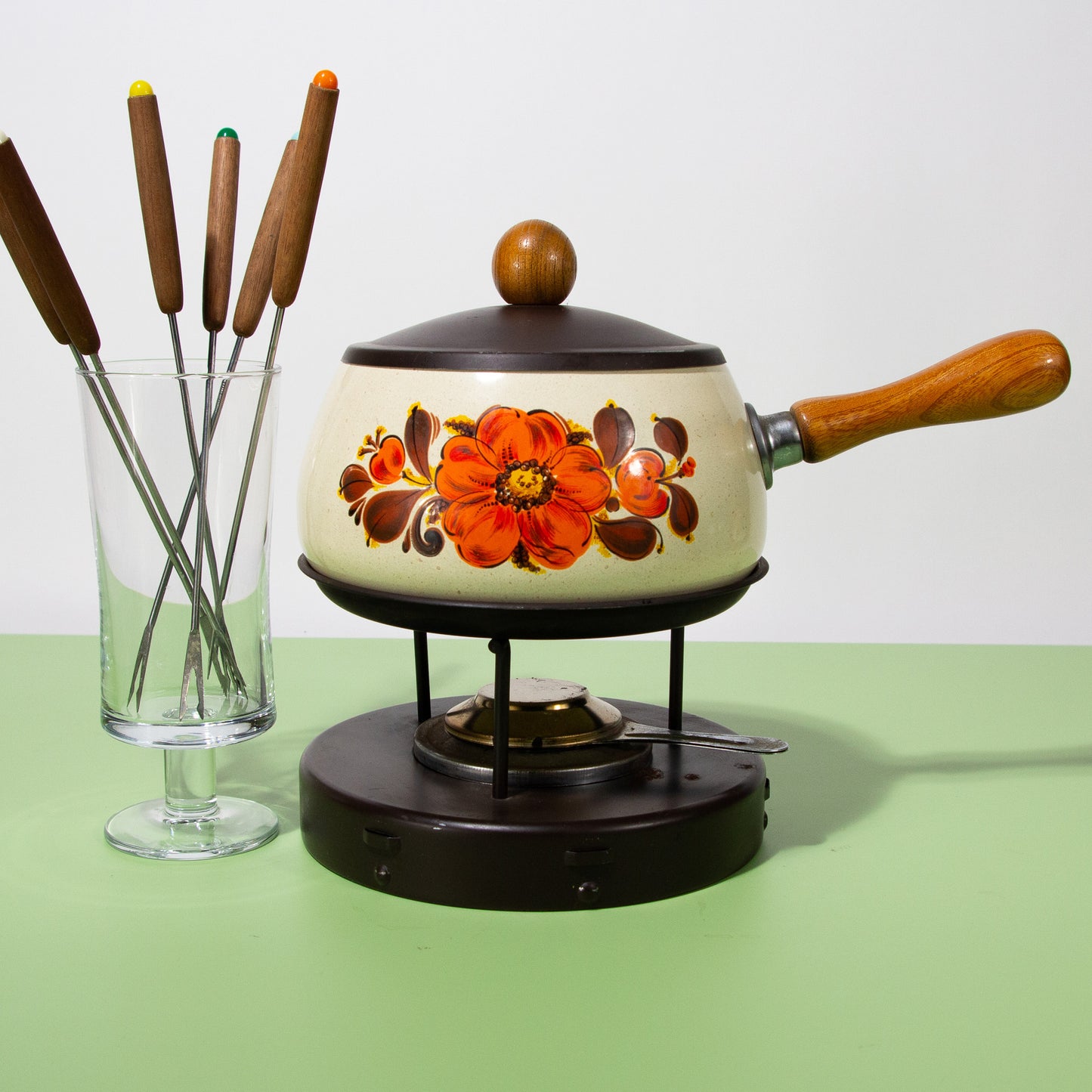 Vintage Enamel Fondue Pot Set, Mid-century 1970s