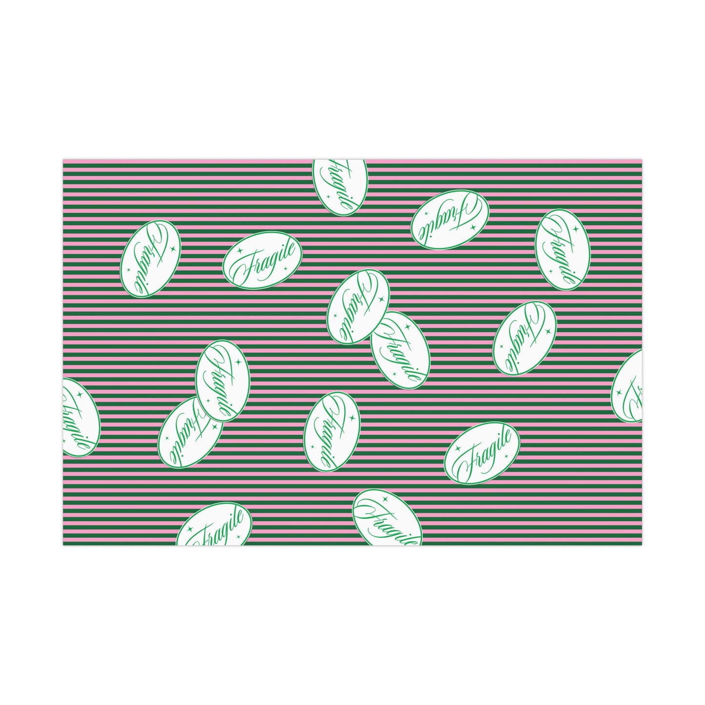 Fragile Sticker on Green & Pink Stripes Gift Wrap Papers, Matte or Satin, Christmas Holiday Wrapping Paper