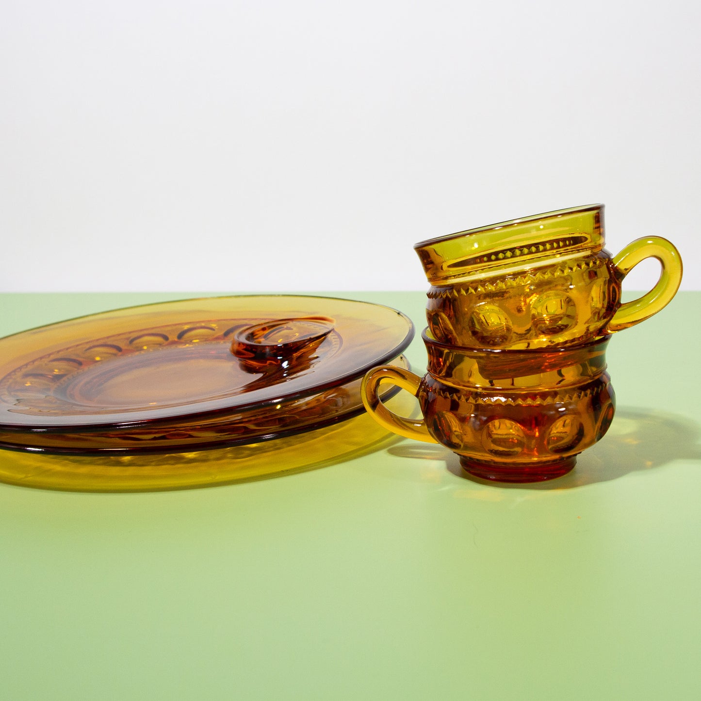 Vintage Amber Glass Mug & Snack Plate Set, Mid-century 1970s