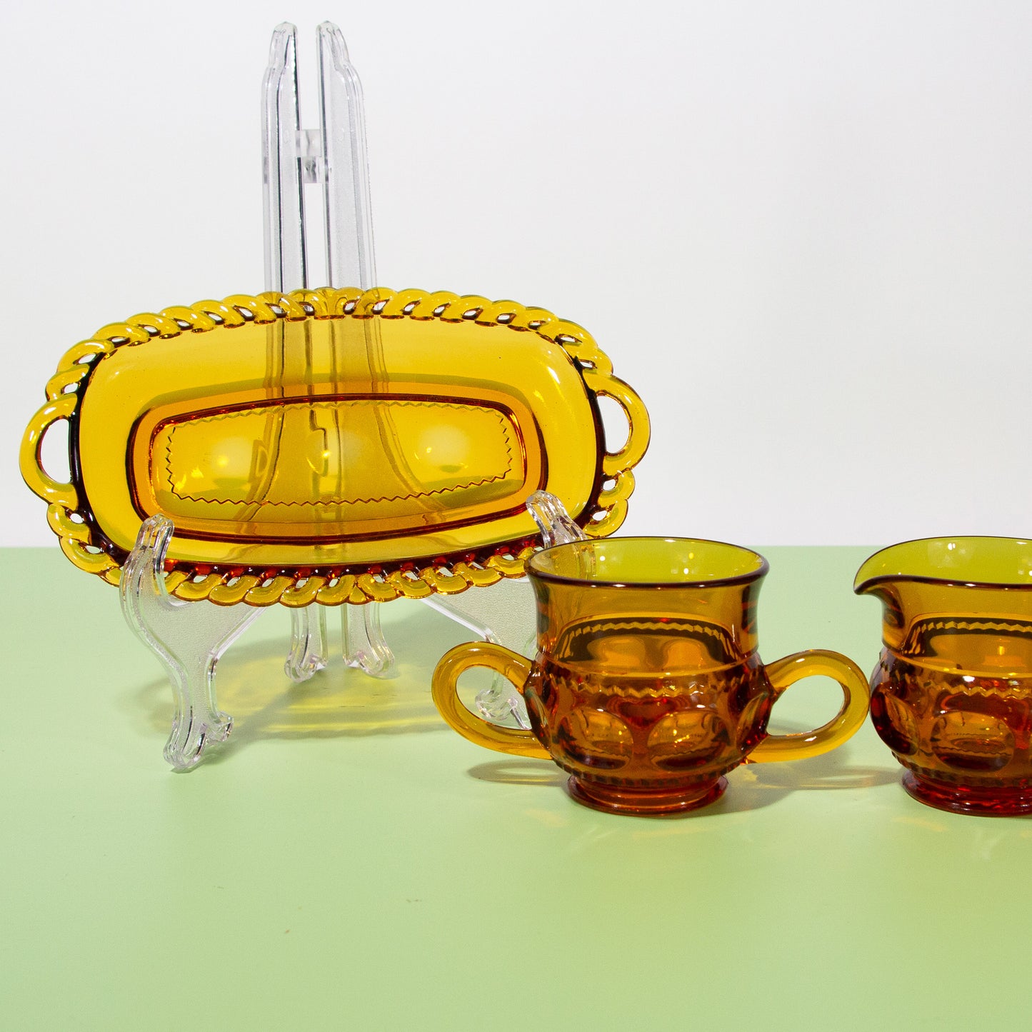 Vintage Amber Glass Sugar & Creamer Set with Saucer, 1980s