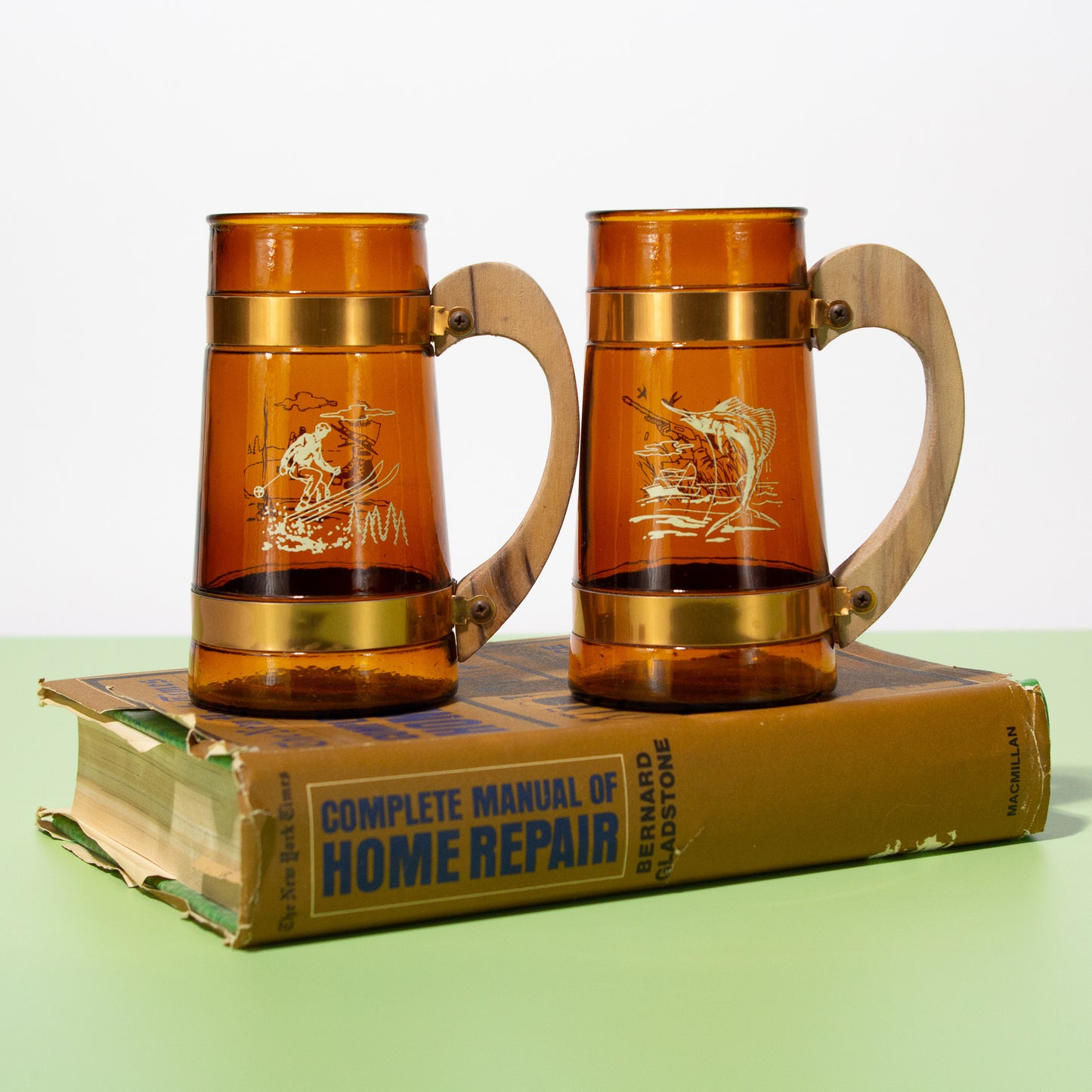 Vintage Brown Glass Mugs with Wooden Handle, 1970s