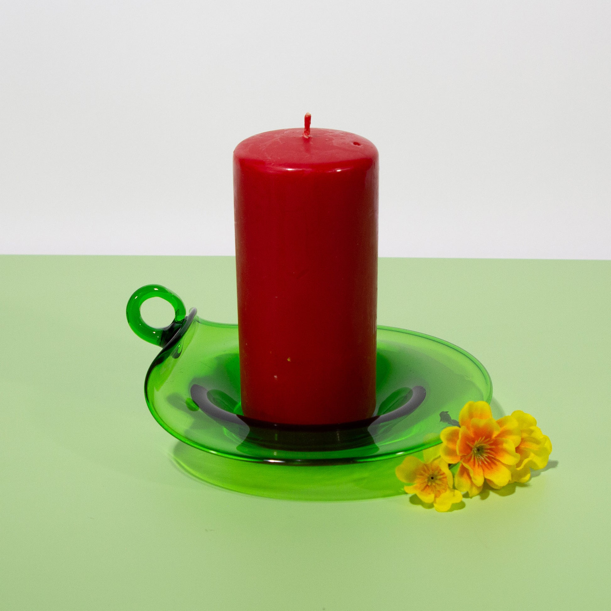 Vintage Green Glass Pillar Candle Holder & Trinket Dish, 1970s