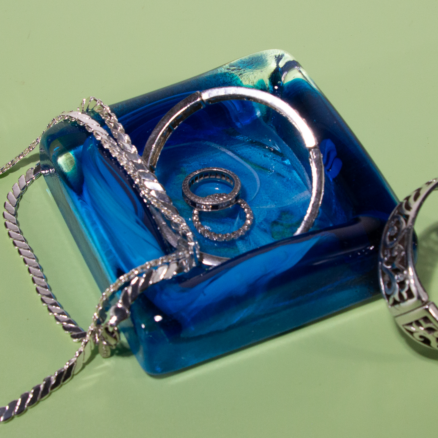 Vintage Blue Handblown Glass Ashtray, Ring Dish, Made in Malta, 1990s