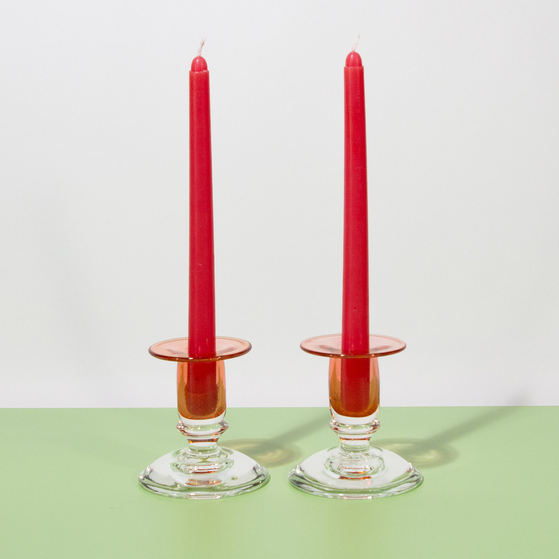 Vintage Color-blocked Glass Clear & Pink Candle Holders, Mid-century