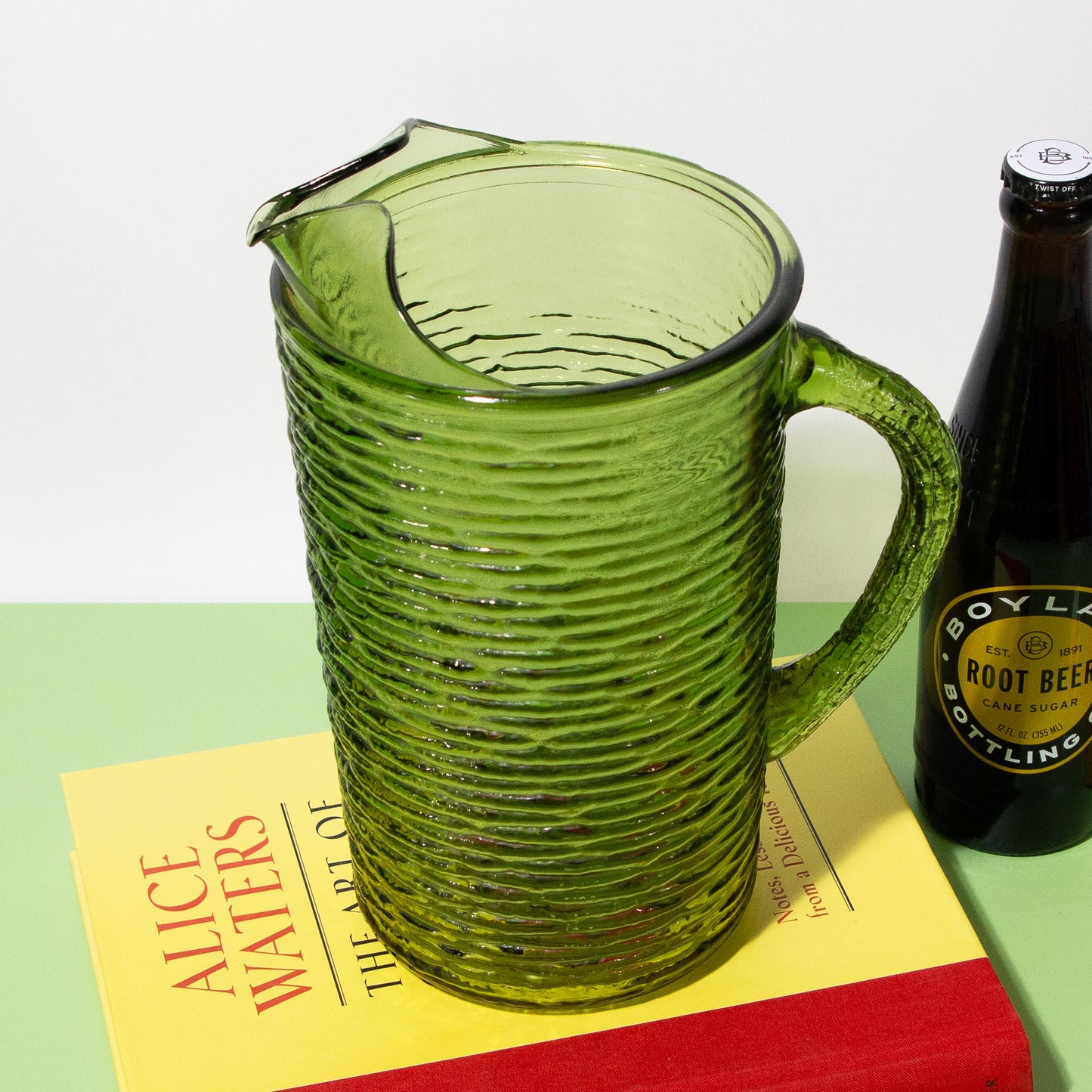 Vintage Olive Green Glass Ripple Pitcher, 1960s