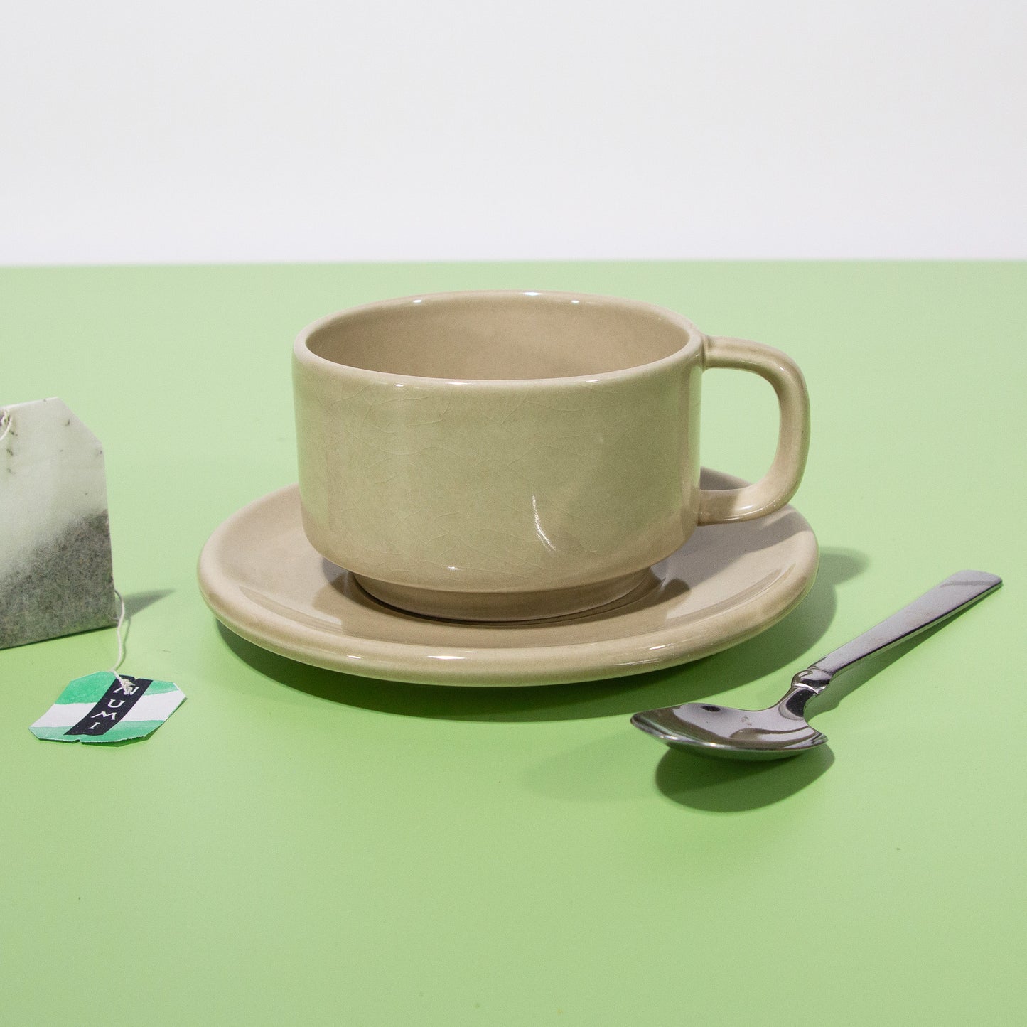 Vintage Tan Mugs with Saucers, 1970s, Made in the USA