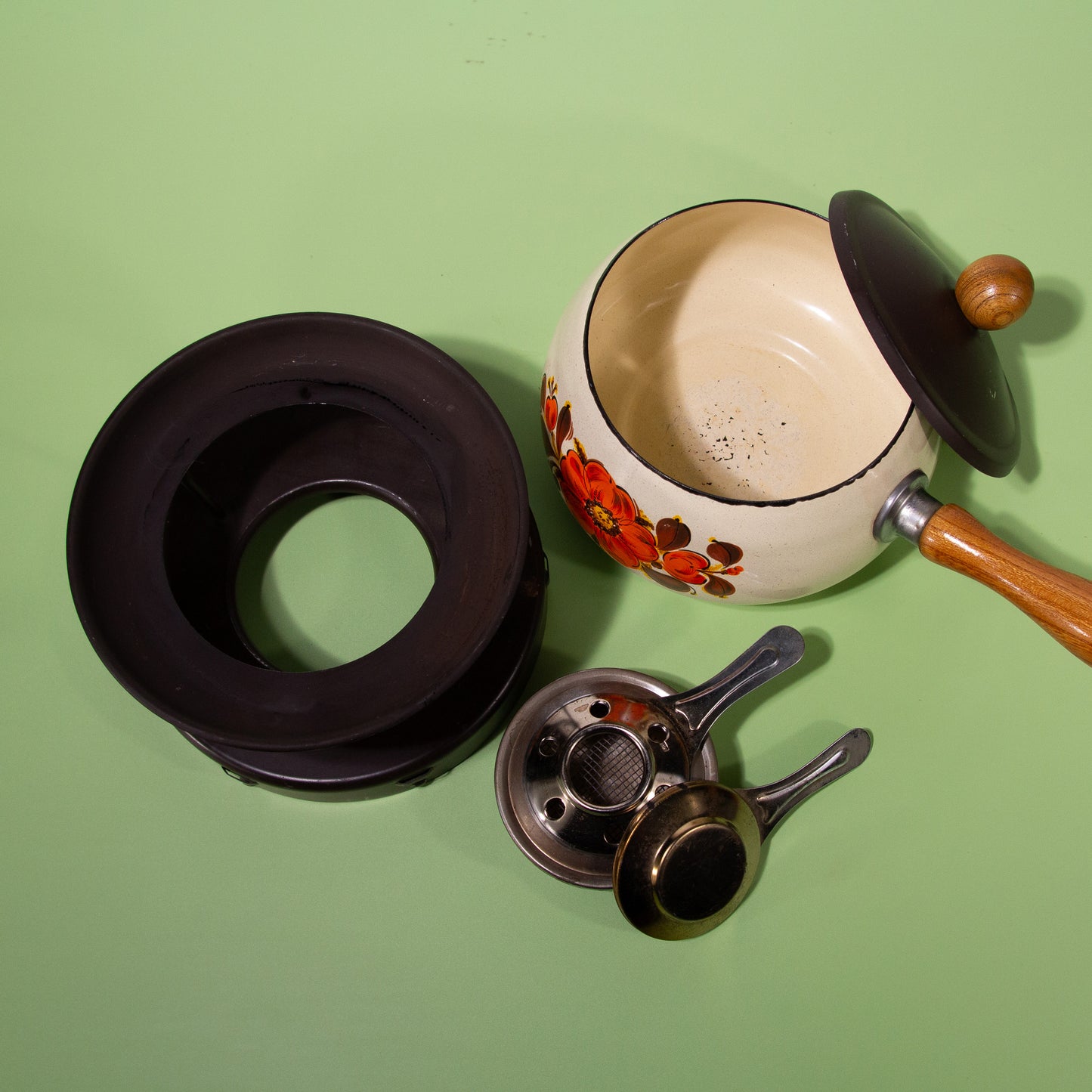 Vintage Enamel Fondue Pot Set, Mid-century 1970s