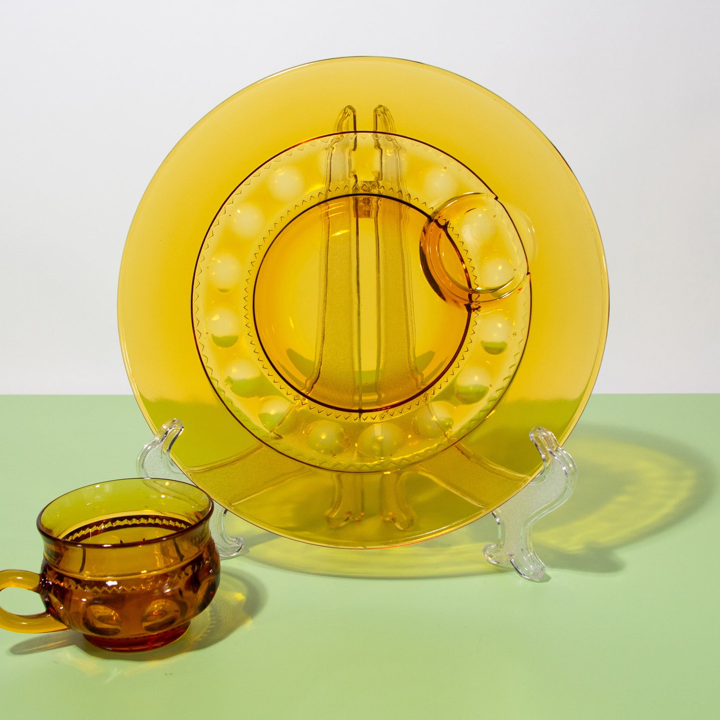 Vintage Amber Glass Mug & Snack Plate Set, Mid-century 1970s