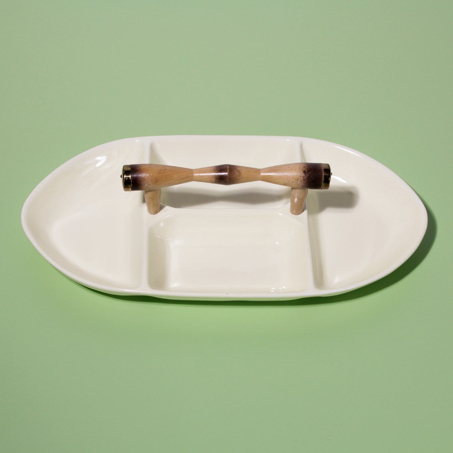 White Ceramic Appetizer Tray with Wooden Handle, Mid-century