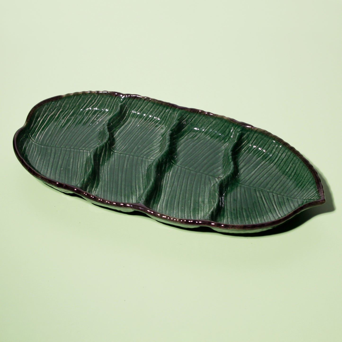 Vintage Green Ceramic Leaf Appetizer Tray, Mid-century 1950s