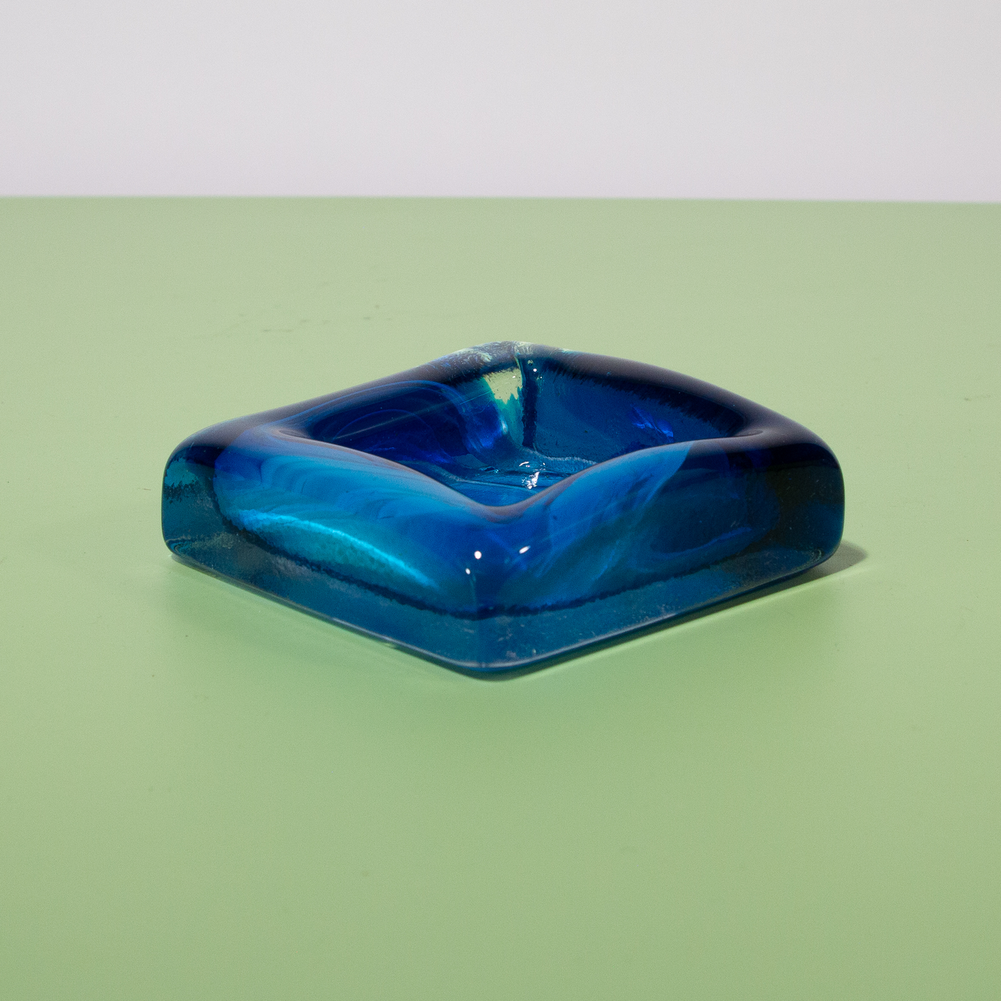 Vintage Blue Handblown Glass Ashtray, Ring Dish, Made in Malta, 1990s