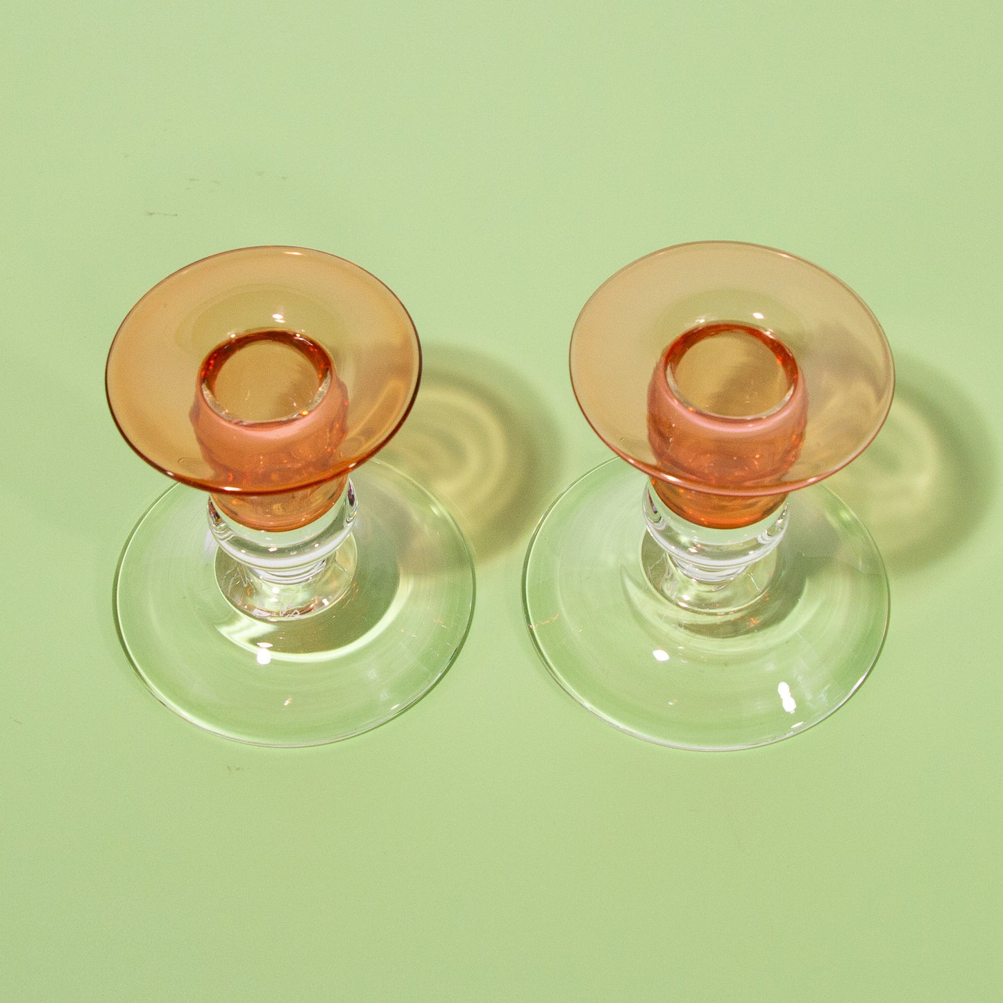 Vintage Color-blocked Glass Clear & Pink Candle Holders, Mid-century