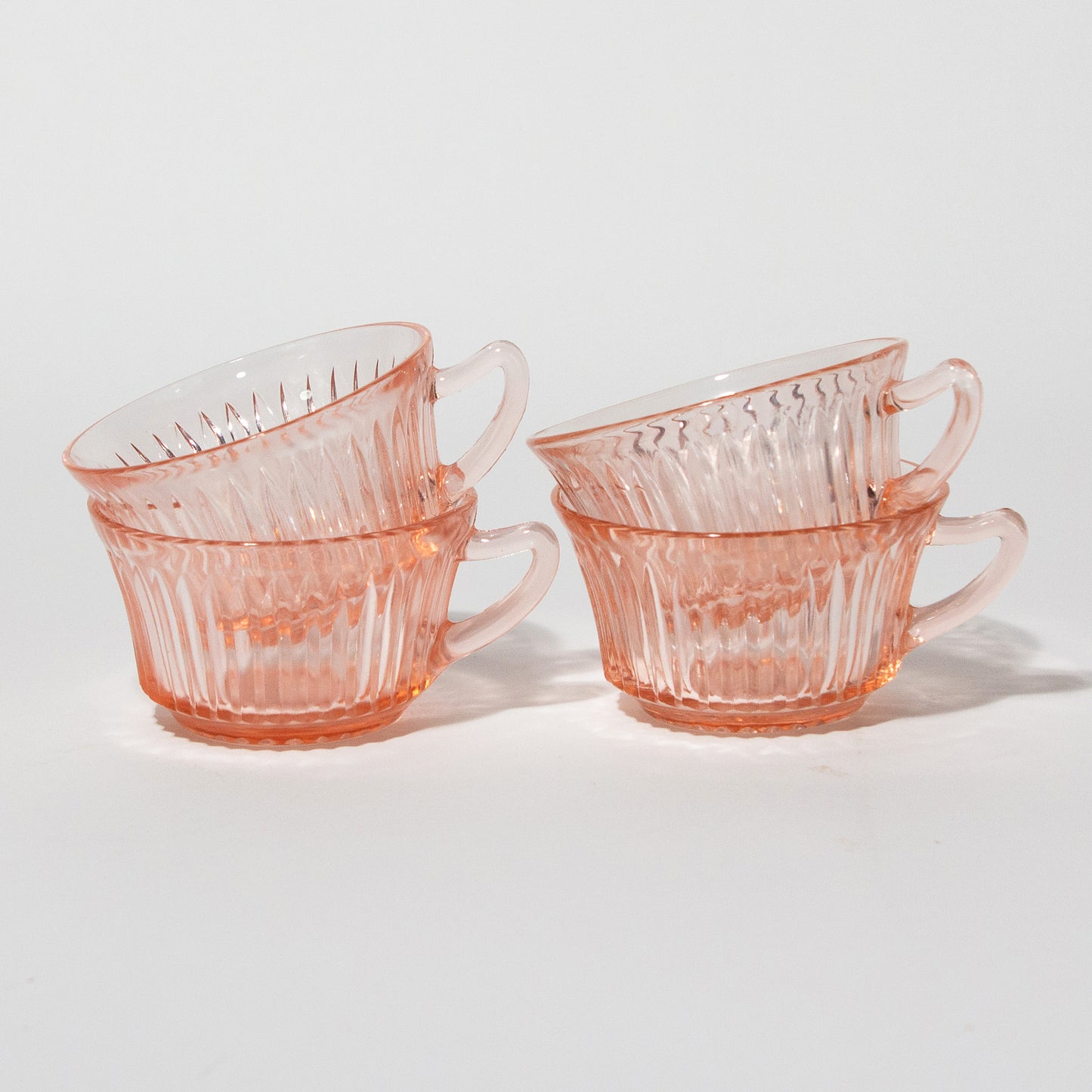 Vintage Ribbed Pink Depression Glass Tea Cups, 1930s