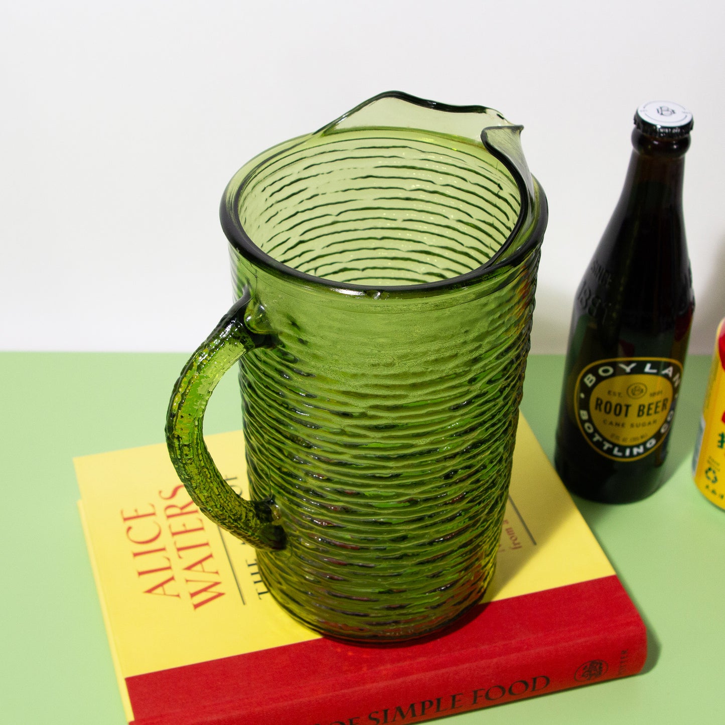 Vintage Olive Green Glass Ripple Pitcher, 1960s