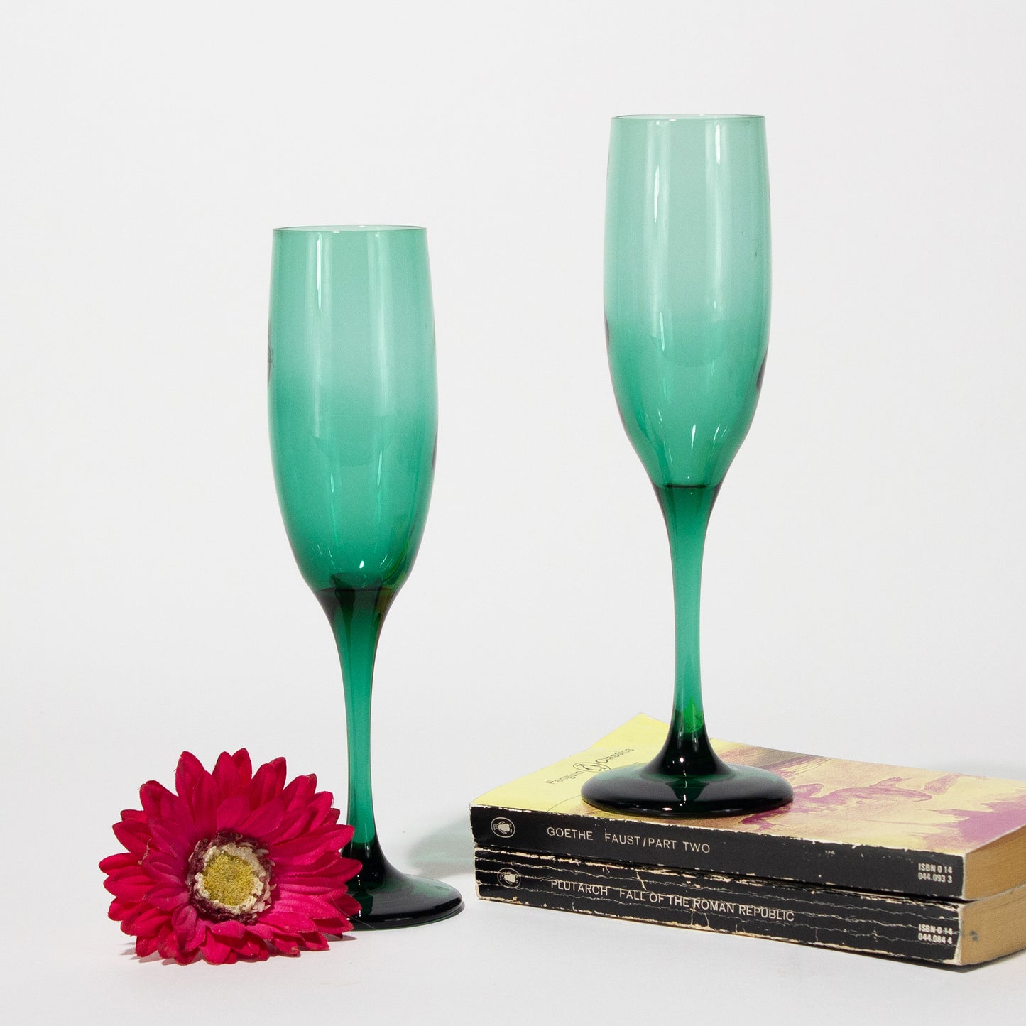 Vintage Juniper Green Glass Champagne Flutes, 1980s