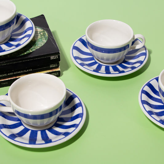 Vintage White & Blue Striped Mug and Saucers, Made in England, 1990s