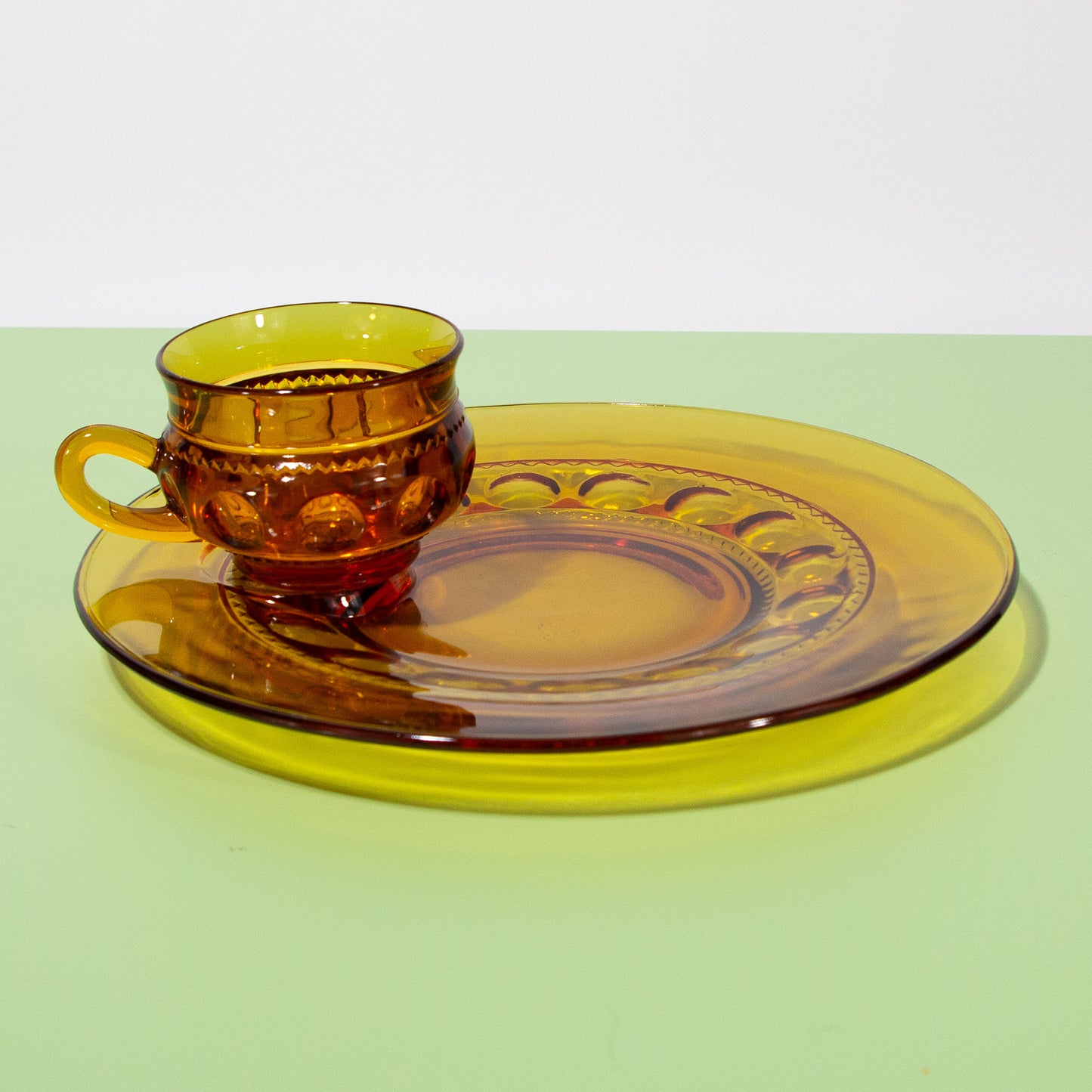 Vintage Amber Glass Mug & Snack Plate Set, Mid-century 1970s