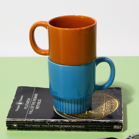 Vintage Stacking Blue & Orange Japanese Mugs, 1970s