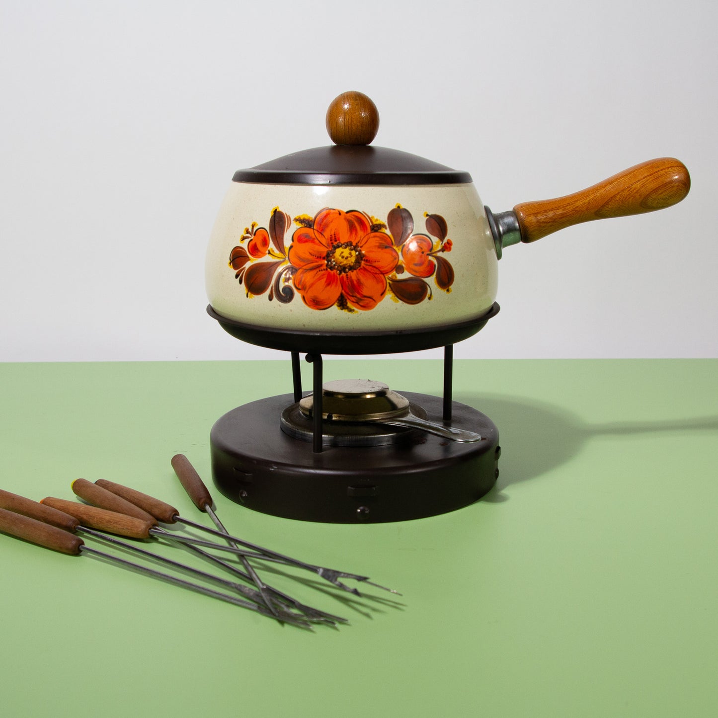 Vintage Enamel Fondue Pot Set, Mid-century 1970s
