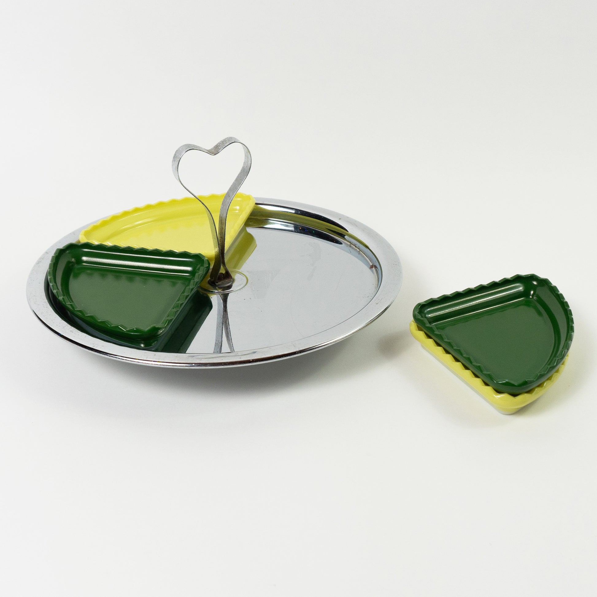 Vintage Metal Appetizer Tray with Green & Yellow Glass Inserts, 1960s