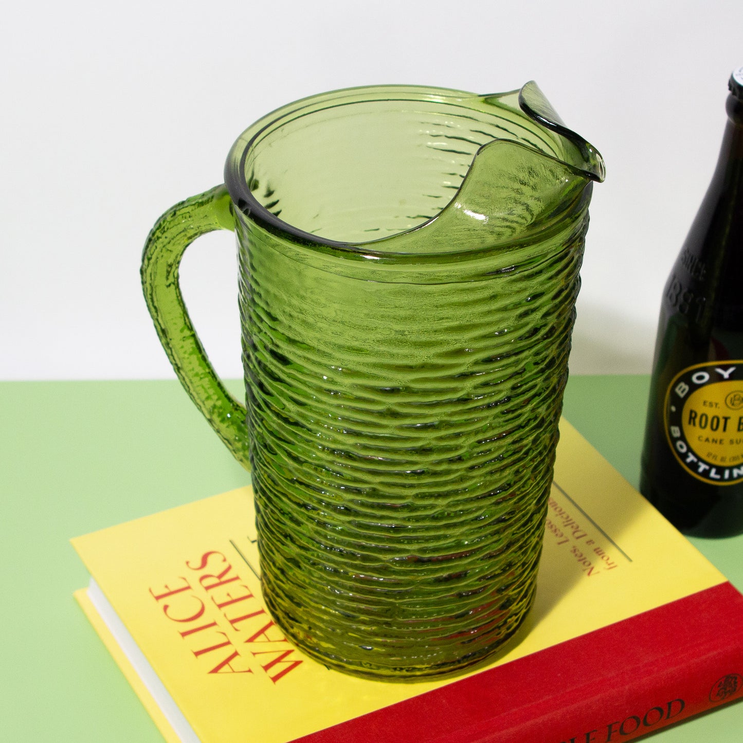 Vintage Olive Green Glass Ripple Pitcher, 1960s