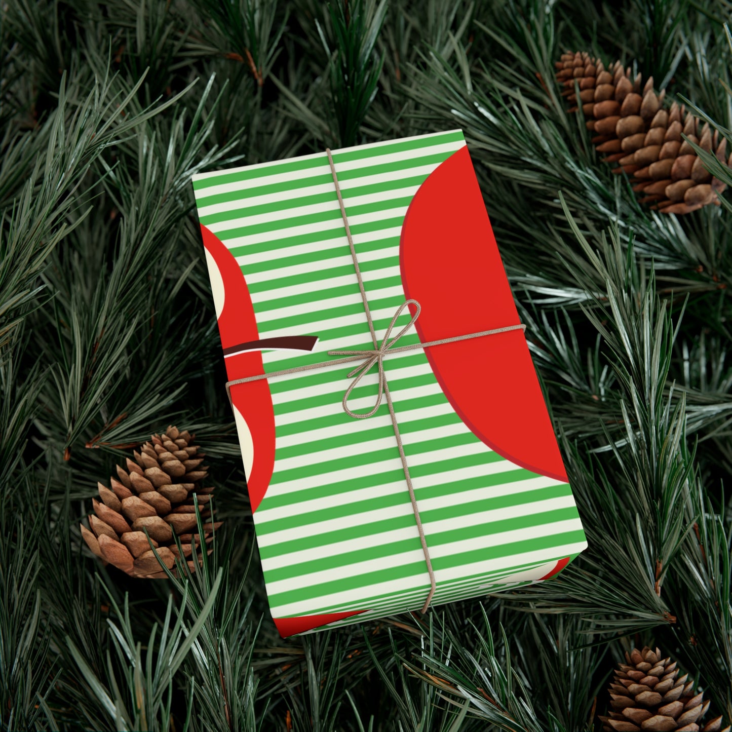 Apples on Green Stripes Gift Wrap Papers, Matte or Satin, Christmas Holiday Wrapping Paper