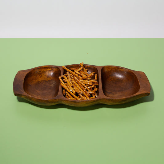 Vintage Monkeypod Three Section Appetizer Tray, Mid-century 1960s