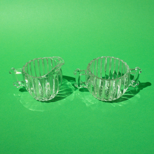 Vintage 1950s Ribbed Glass Creamer & Sugar Bowl Set