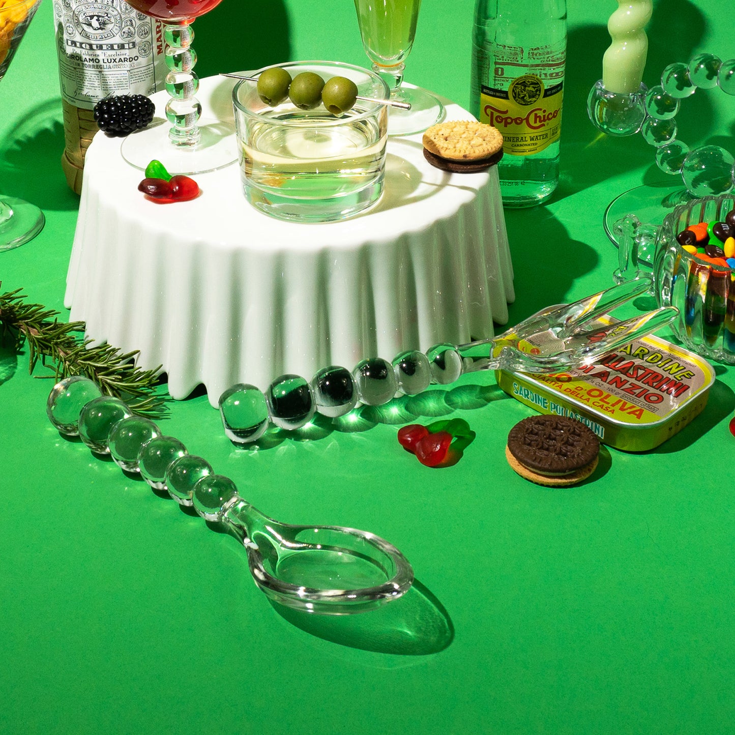 Vintage Mid-Century Bubble Glass Salad Fork & Spoon, 1940s